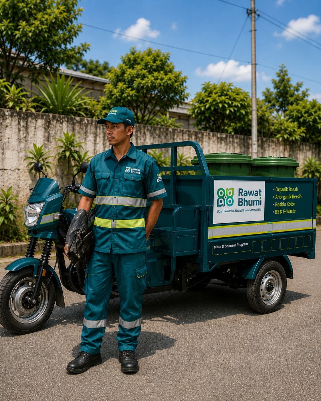 Operator Rawat Bhumi bersama motor roda tiga pengangkut sampah