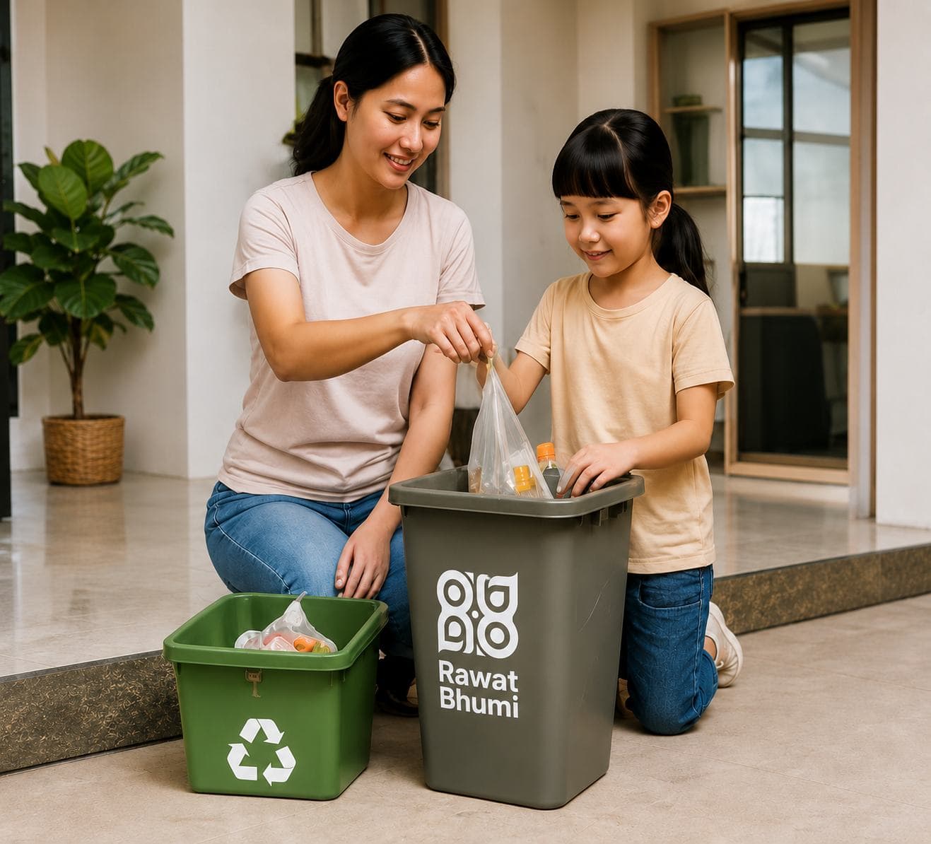 Ibu dan anak memilah sampah ke dua wadah terpisah di rumah