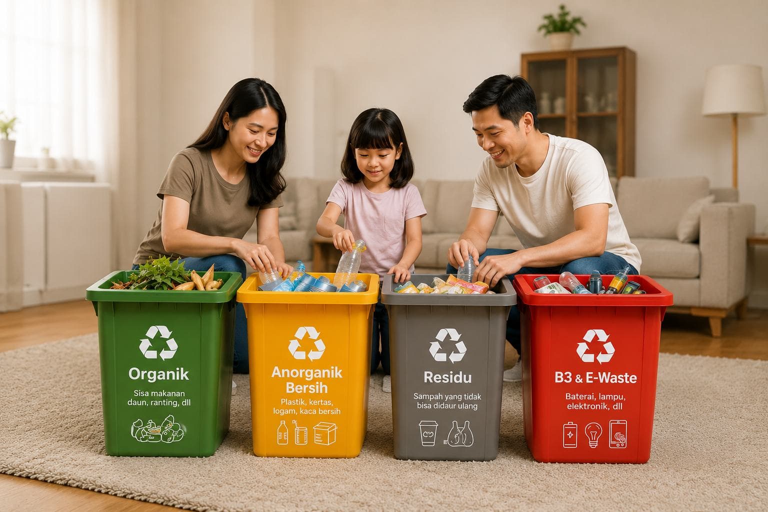 Keluarga memilah sampah ke empat wadah berwarna di rumah